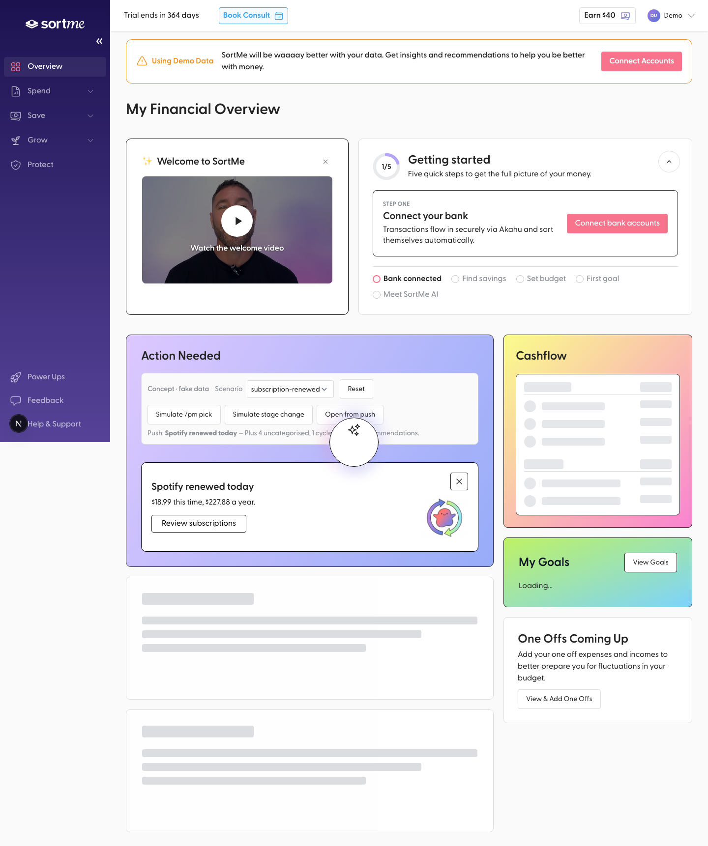 Open My Overview with a Spotify renewal card waiting (desktop)