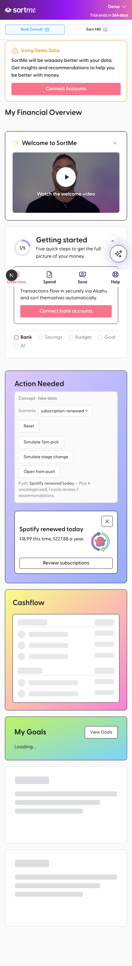 Open My Overview with a Spotify renewal card waiting (mobile)